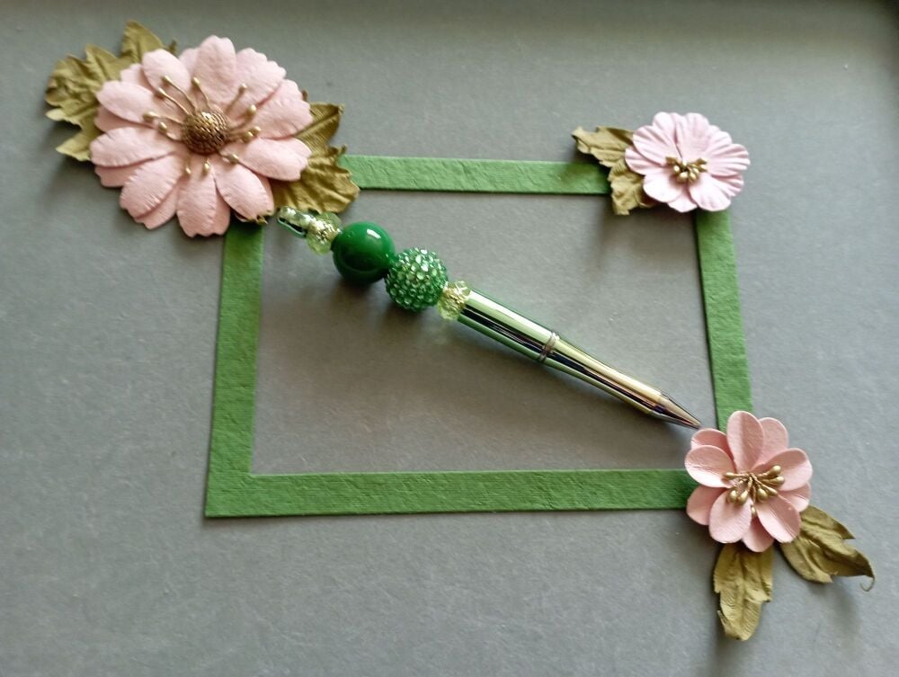 Beaded Pen - Green/Gold pen with green beads mix