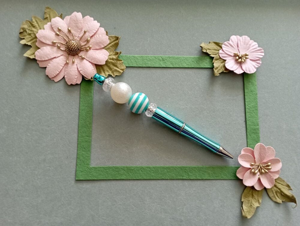 Beaded Pen - Turquoise blue pen with striped turquoise & pearl beads mix