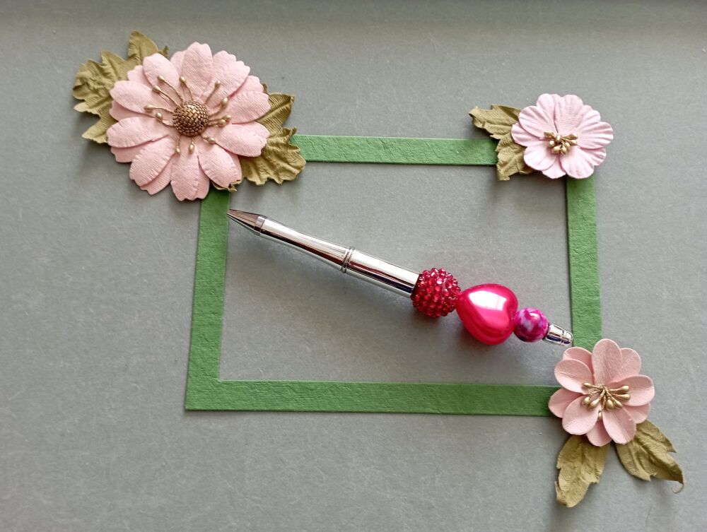 Beaded Pen - Silver pen with red heart & Bead mix