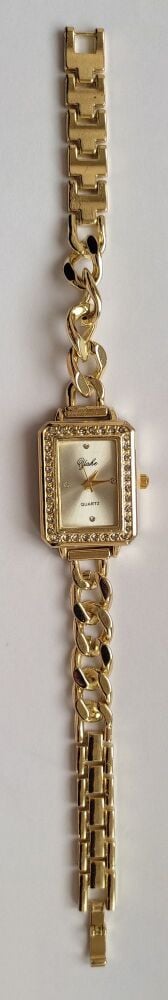 Gold coloured link quartz watch with Oblong face