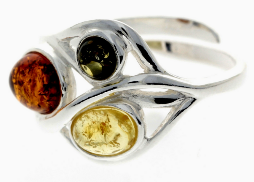 925 Sterling Silver & Baltic Amber Modern Adjustable Ring