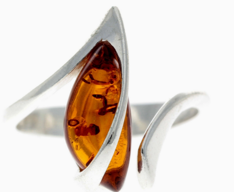 925 Sterling Silver & Genuine Baltic Amber Adjustable Modern Ring