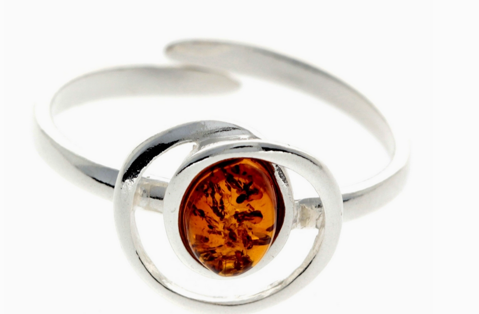 925 Sterling Silver & Baltic Amber Modern Adjustable Ring