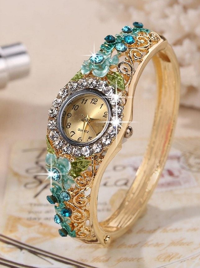 Gold Tone  Glamorous Blue Rhinestone Flower Decor Quartz Watch