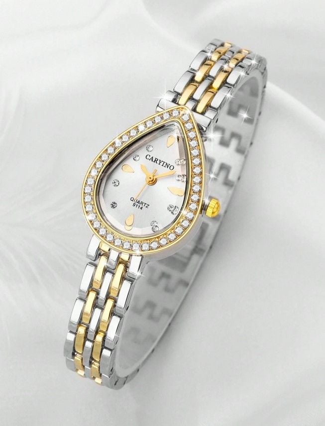 Women's Dual-Tone Stainless Steel Watch Band, with teardrop shaped dial