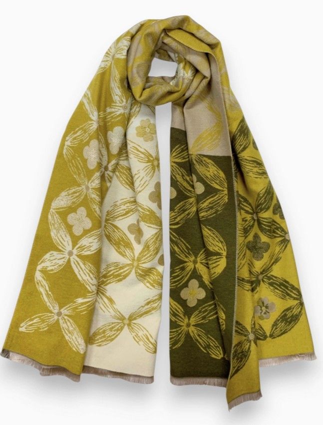Clover Print Cashmere Blend Winter Scarf - Mustard