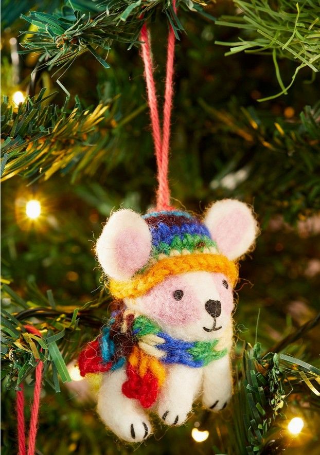 Felt Mouse in Rainbow Knitted Wool Hat