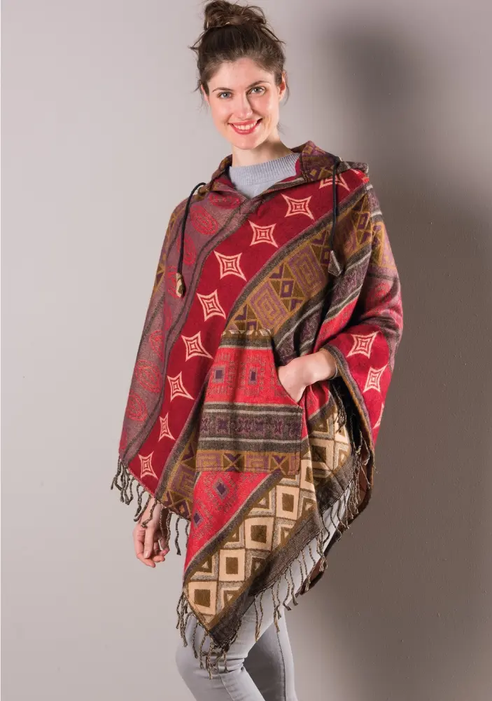 Yak Wool Brushed Woven Hooded Poncho with Pocket