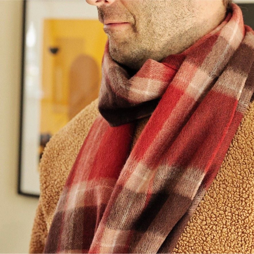 Men's Red Check Wool and Cashmere Blend Scarf