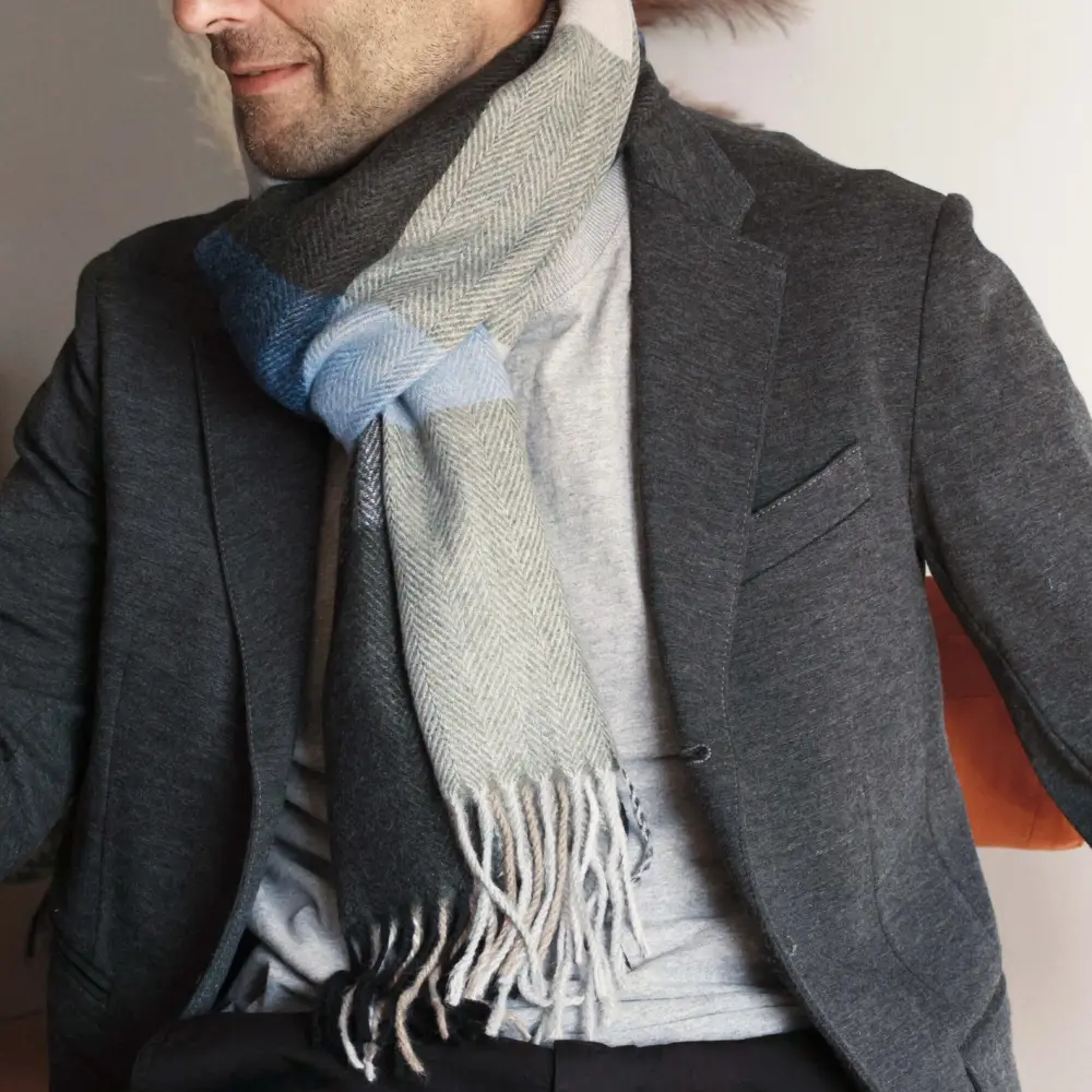 Men's Blue Grey Colour Block Herringbone Scarf