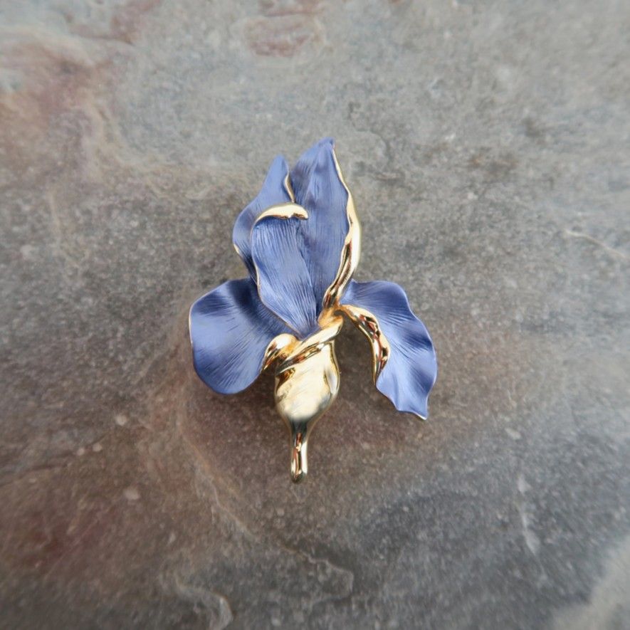 Iris Violet Blue Flower Brooch, Gold Plated