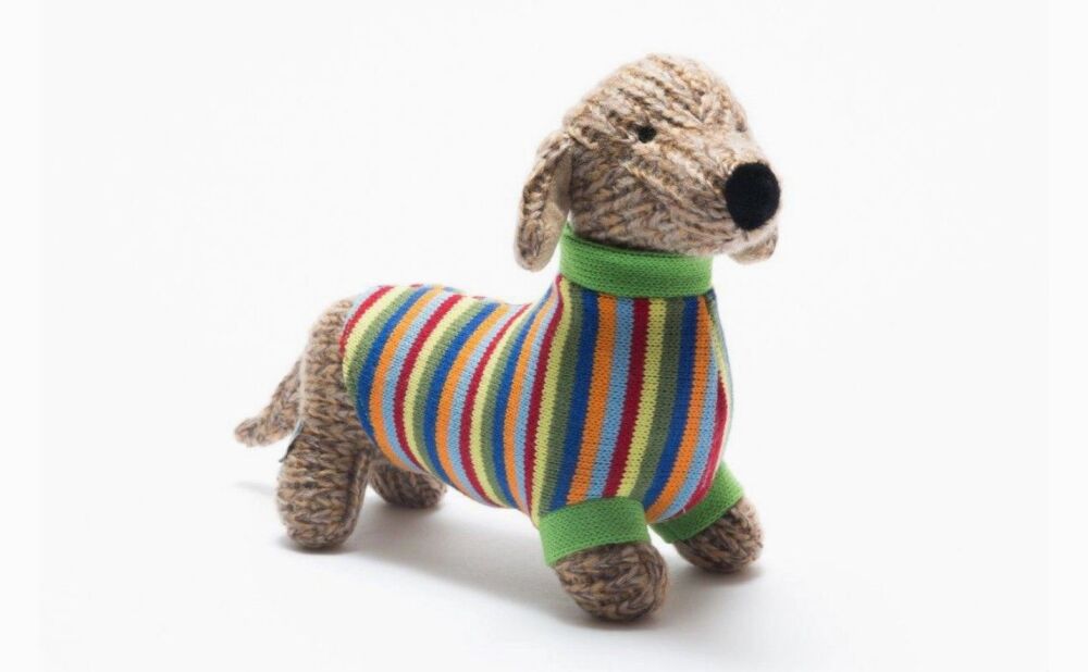 Knitted Sausage Dog Soft Toy Teddy with Stripe Jumper