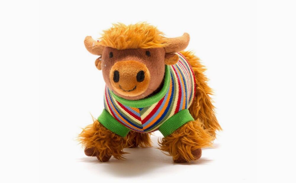 Knitted Highland Cow Soft Toy in Stripe Jumper