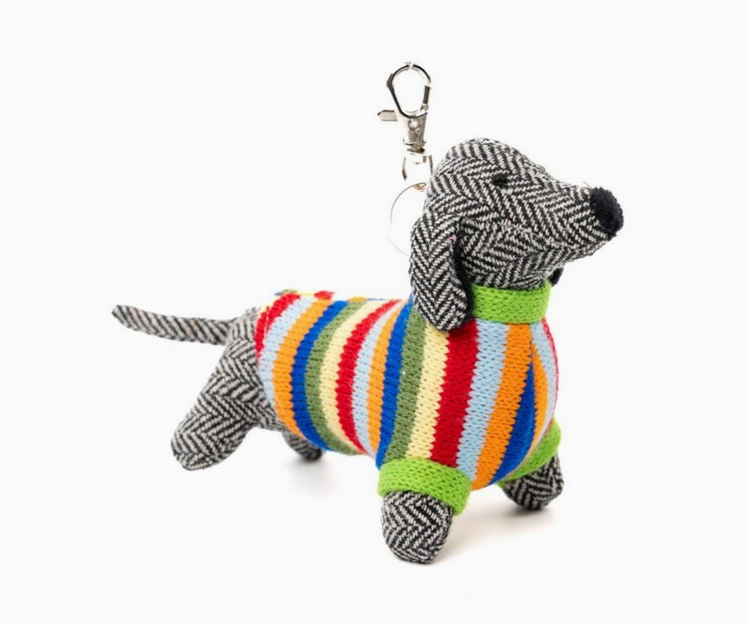 Tweed Sausage Dog Bag Charm in Knitted Rainbow Stripe Jumper