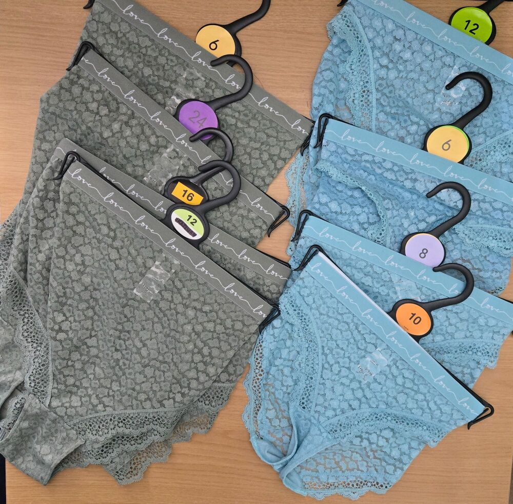 12 x EX M*S LOVE LADIES LACE BRIEFS IN SAGE & TURQUOISE SIZES 6 - 26 £1.50 