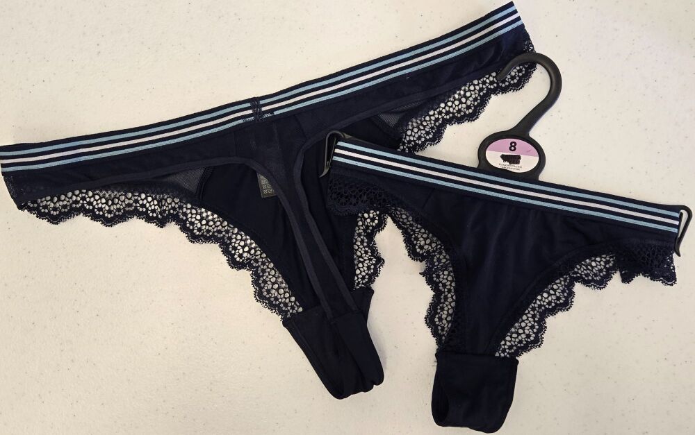 24 x Ex M*S Ladies Navy Stripe Waistband Thongs Size 6 - 28 £1.10 Pair