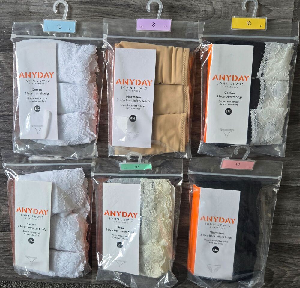 12 x Ex John Lewis packs of 3 Briefs, various styles Sizes 8 - 18 £2.75 Pack
