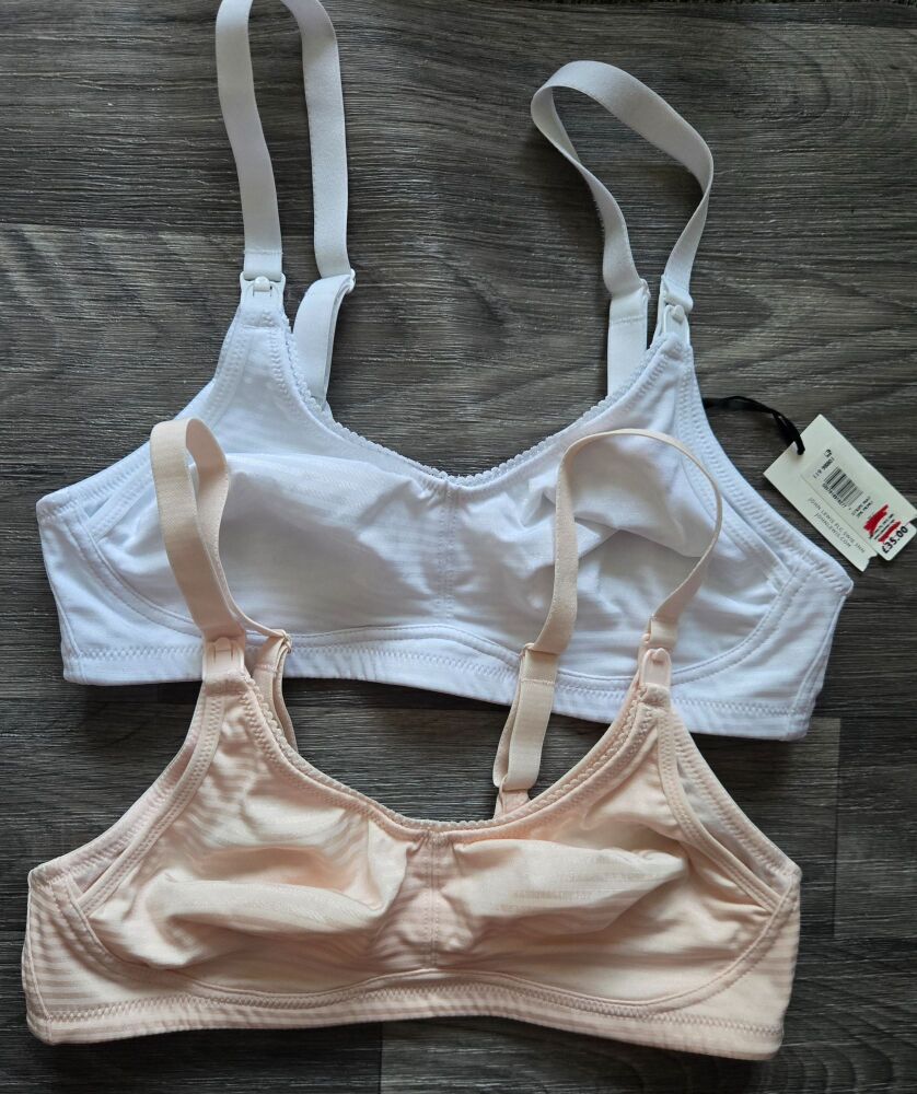 9 x Ex John Lewis Twin Pack Of Nursing Bras Pink/White Sizes 32D 38DD 32C 34FF 34D 36DD 38C £5.00 Per Twin Pack