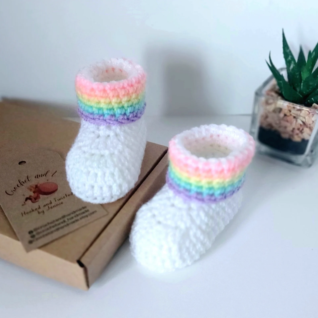 Baby Rainbow Booties Crochet In Sizes Newborn, 0-3 and 3-6 Months