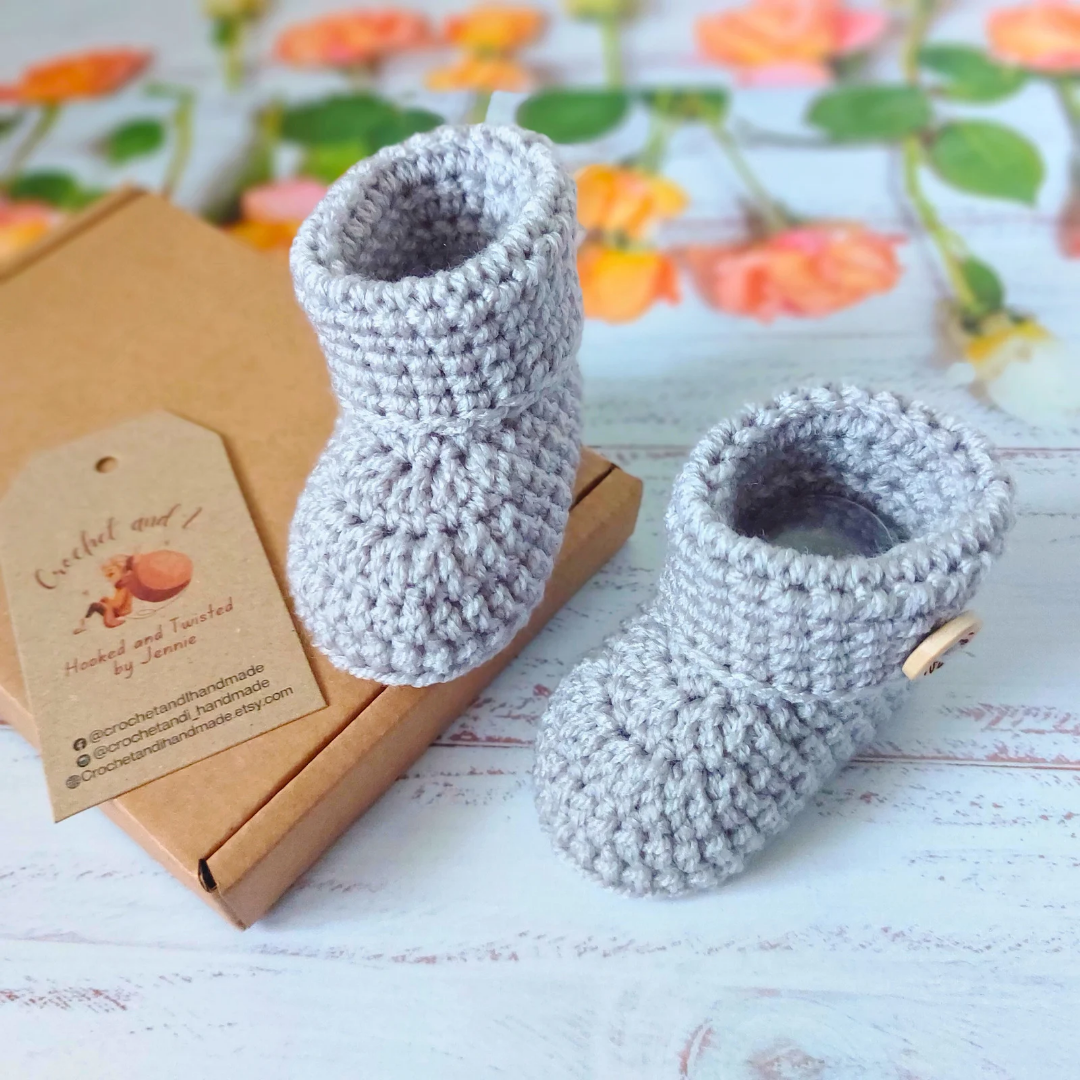 Soft Crochet Baby Booties With 'Born In 2024' Buttons, Baby Reveal Idea