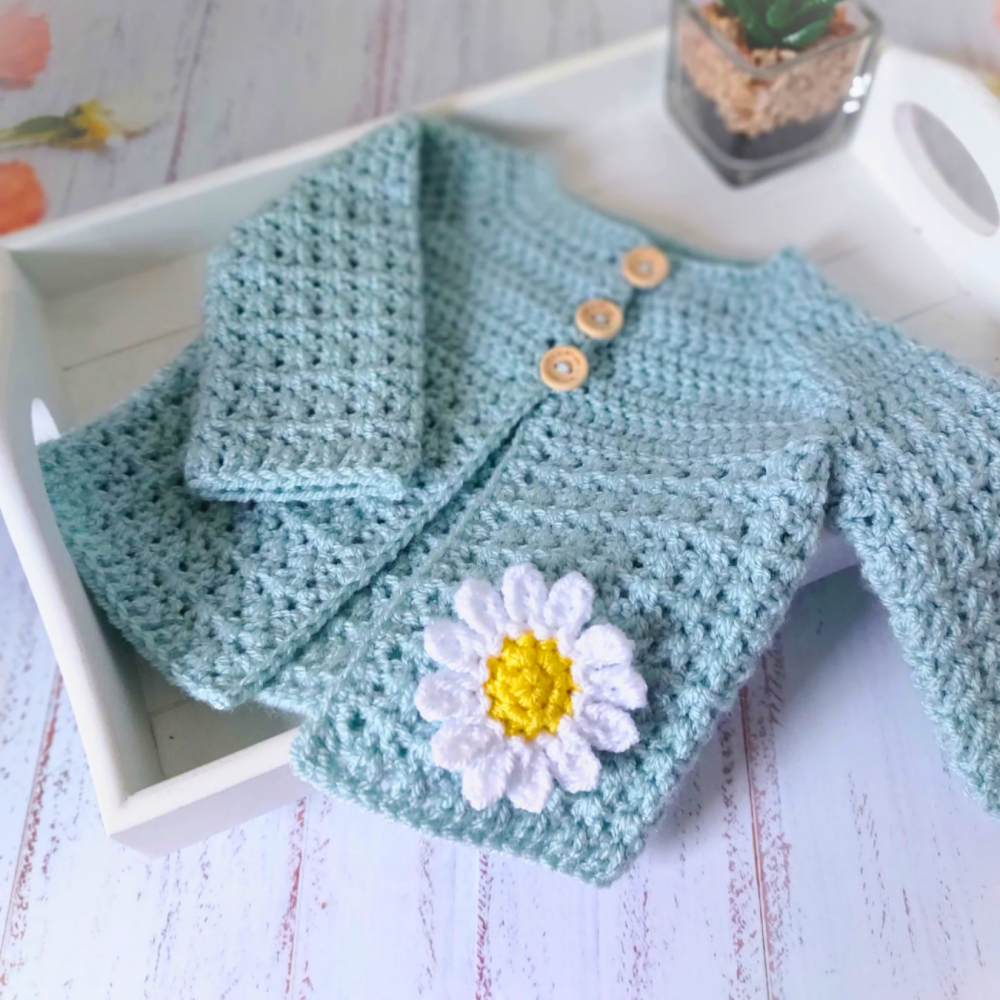Soft Crocheted Daisy Baby Cardigan, Sizes Newborn - 24 Months
