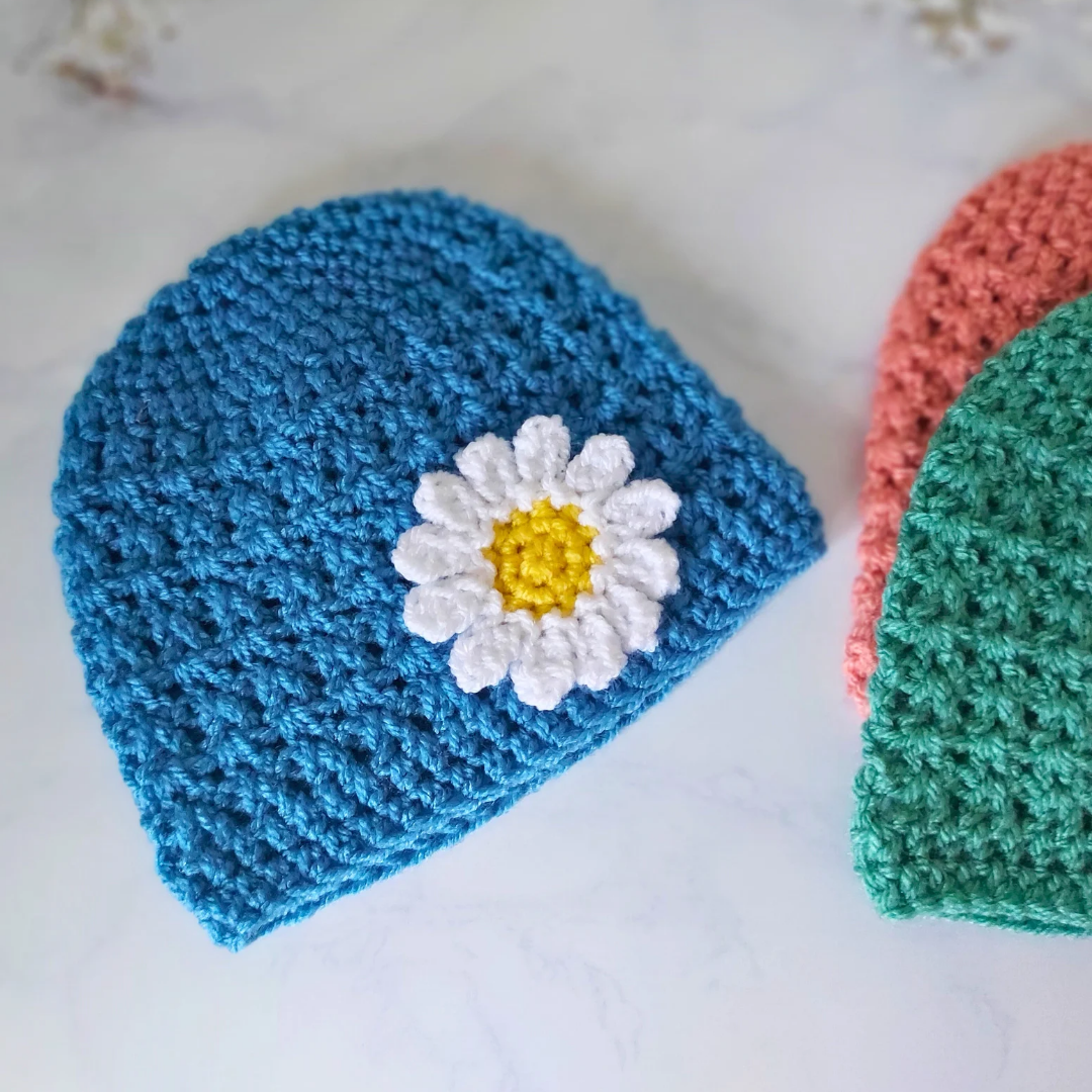 Newborn Daisy Crochet Beanie Hat, Great Baby Shower Gift