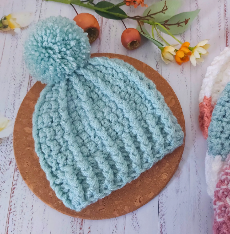 Soft Chunky Pom Pom Beanie Hat, Handmade Crochet Sizes From Newborn Up To Adult