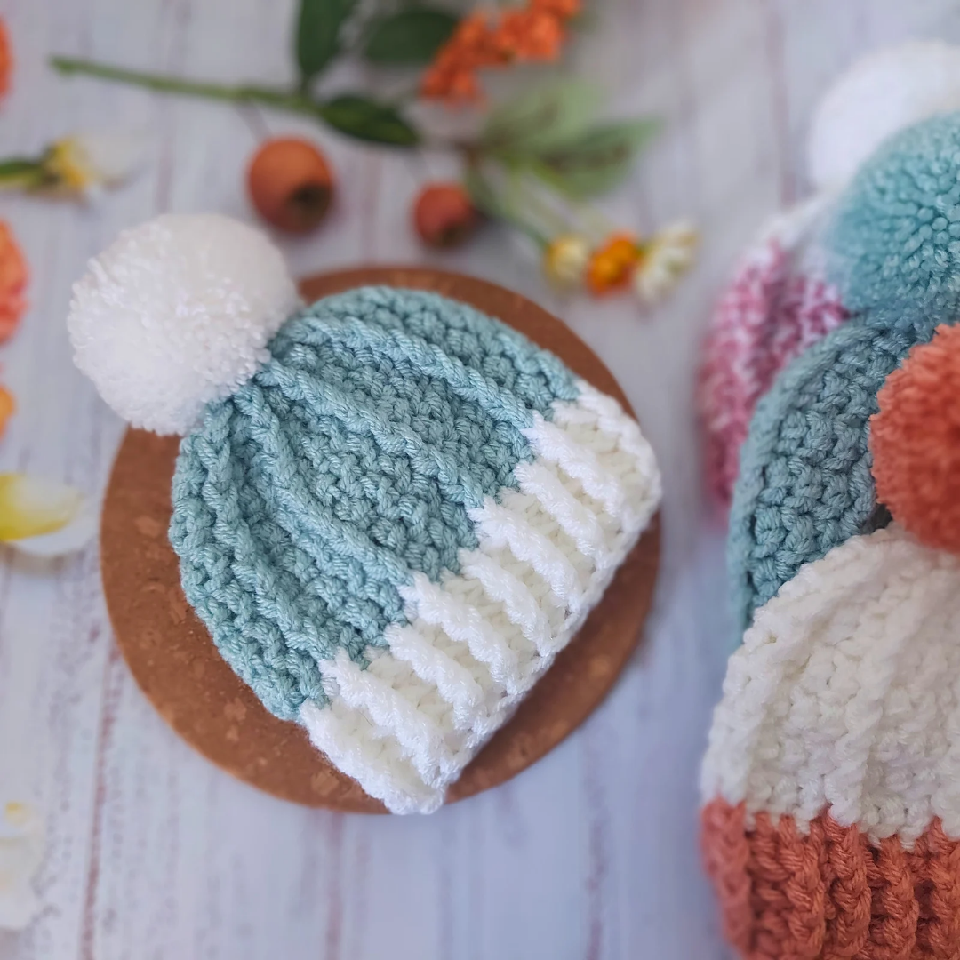 Cosy Crochet Pom Pom Beanie Hat, Handmade In Sizes For All The Family