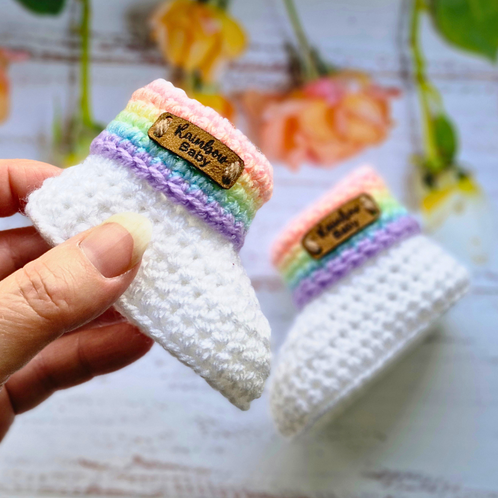 Baby Rainbow Booties Crochet In Sizes Newborn, 0-3 and 3-6 Months