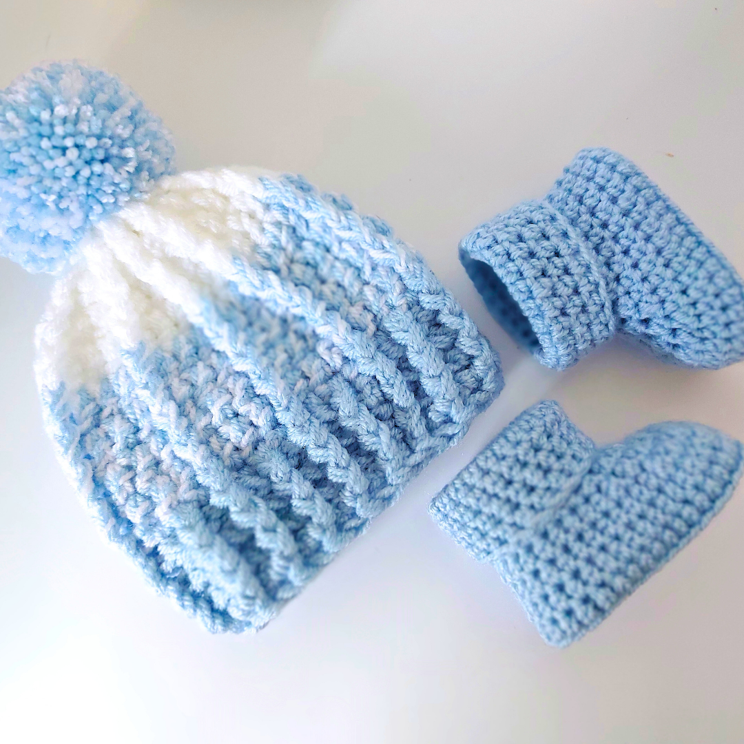 Newborn Blue Baby Hat And Bootie Crochet Set