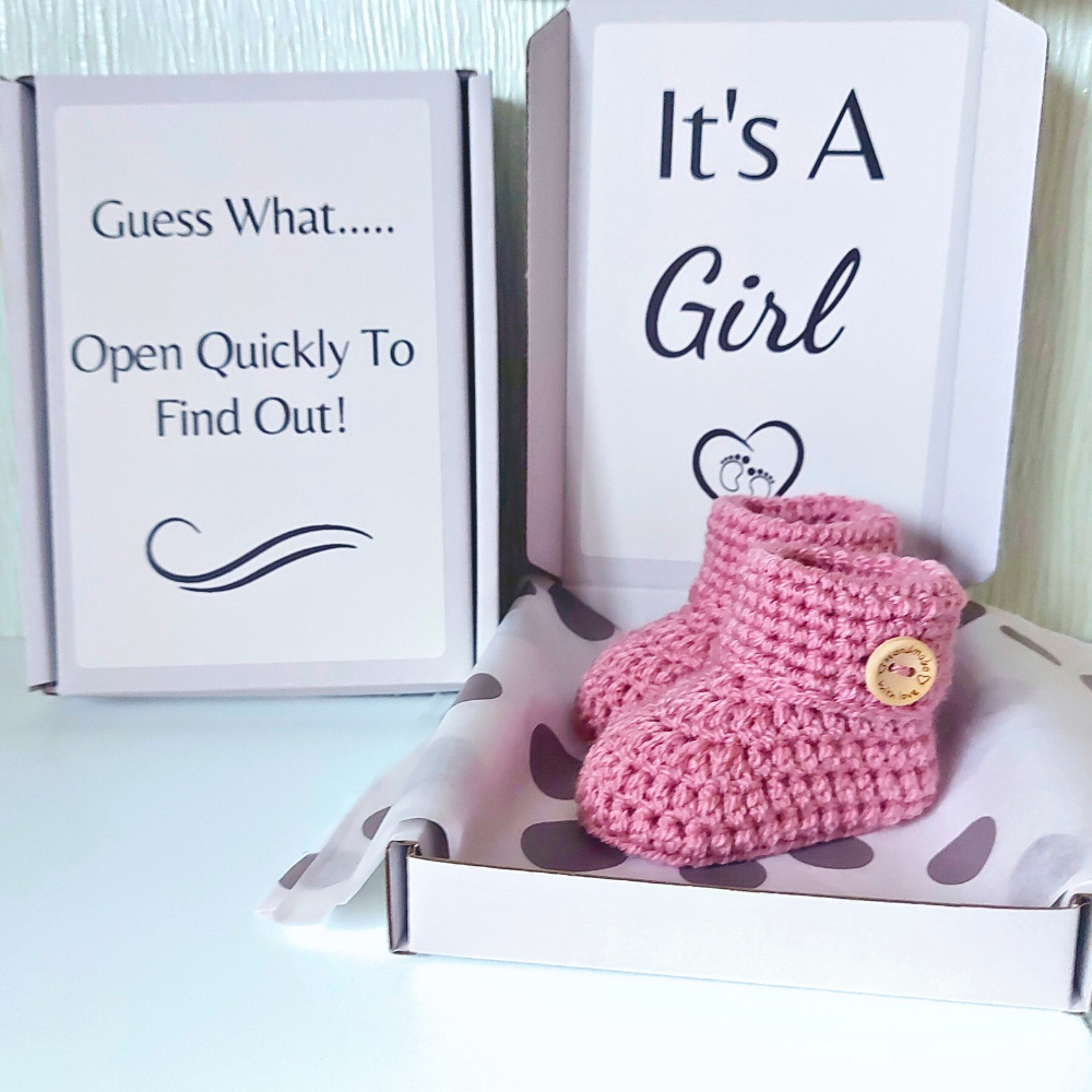 Gender Reveal Announcement - It's A Boy Or Girl Crochet Bootie Gift Box