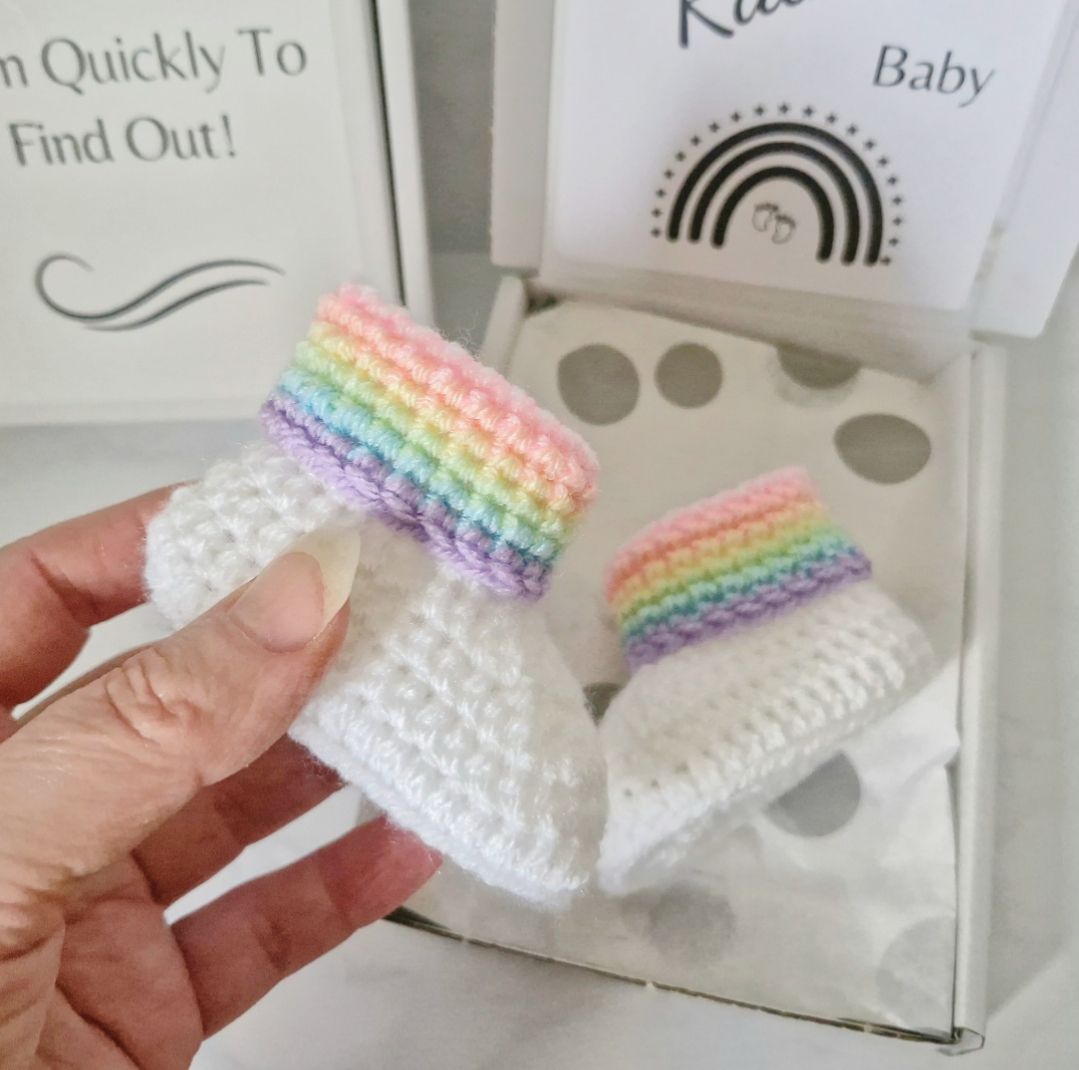 Rainbow Baby Pregnancy Reveal: Cute Crochet Bootie Gift Set