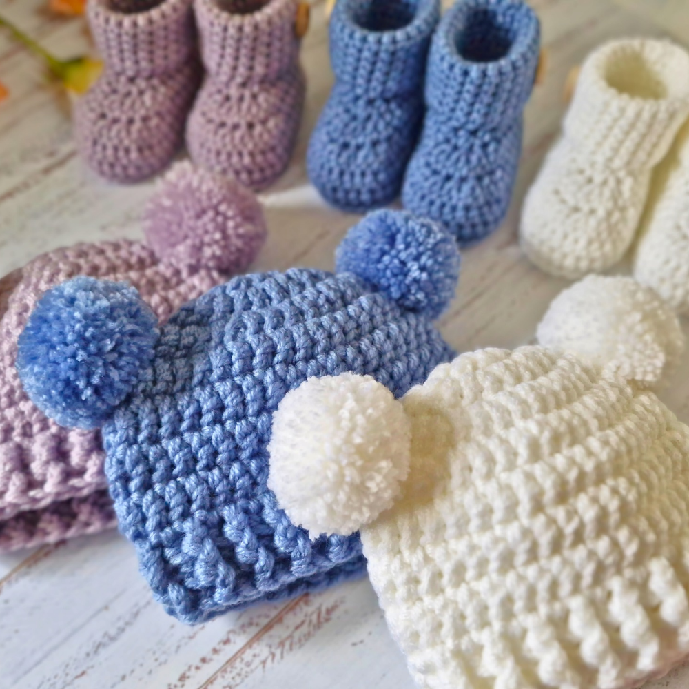 Baby Pom Pom Hat And Bootie Set, Sizes Newborn to 6 Months