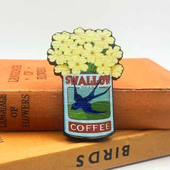 Wooden Pin Brooch with Primroses