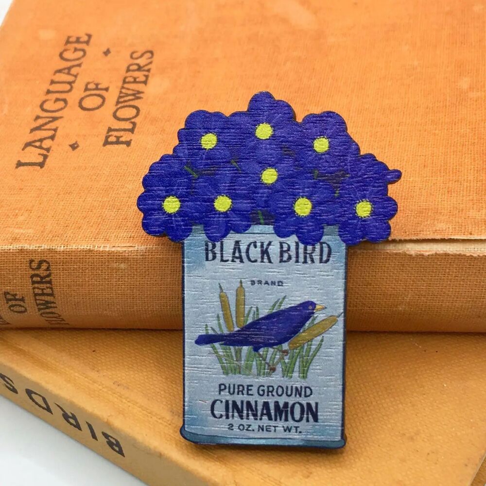 Wooden Pin Brooch with Anemones
