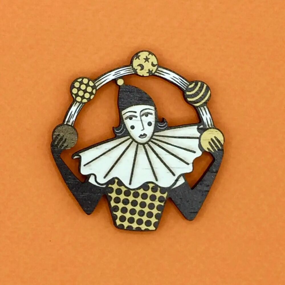Vintage Style Circus Juggler Wooden Pin Brooch
