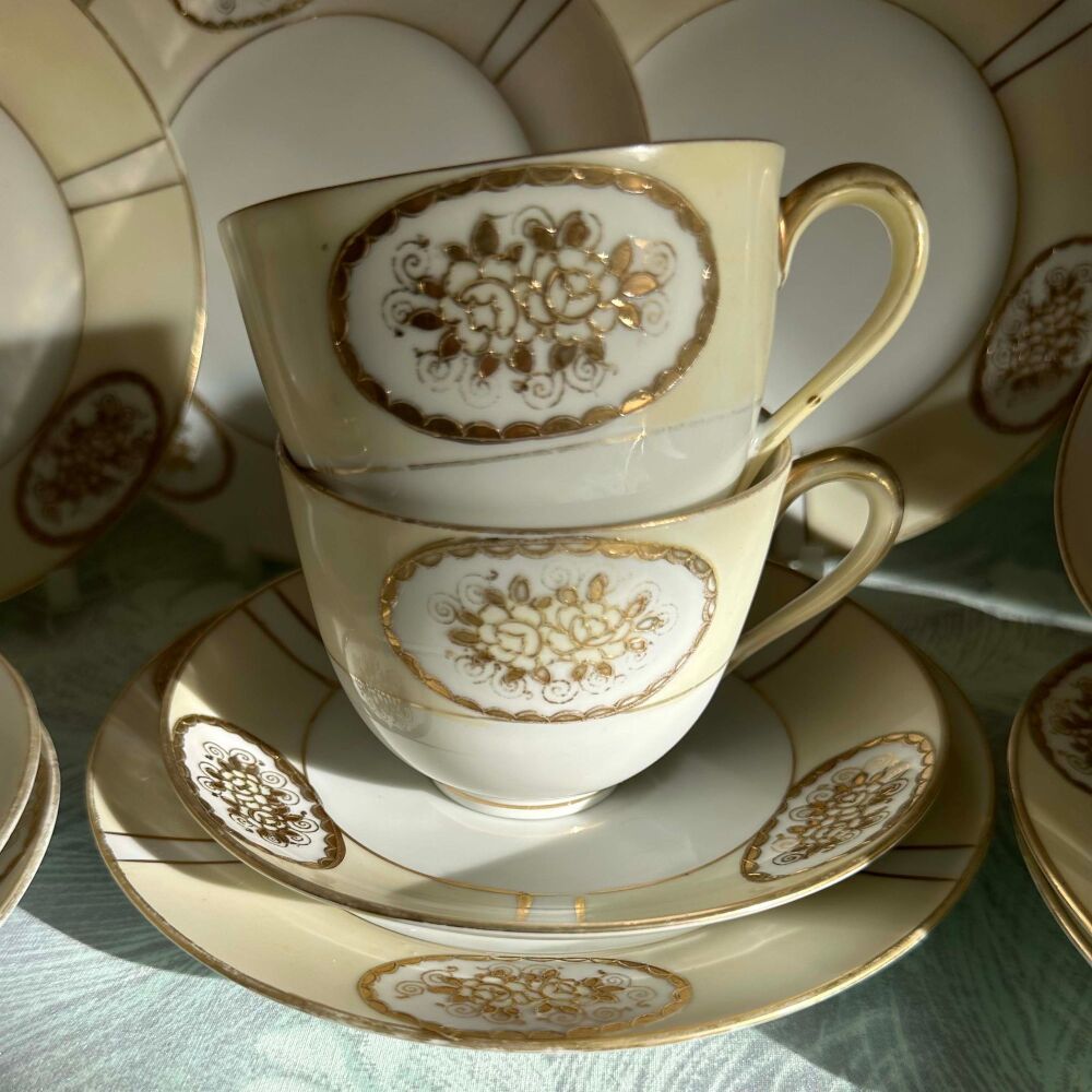 Vintage Noritake Tea Set for 8 (26 Pieces) Creamy Yellow Banding with Gilded Motifs c.1949