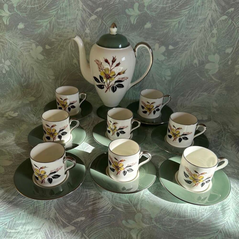 Vintage Wedgwood Greenwood Pattern Demitasse Coffee Set for 7 (15 pieces). c.1960