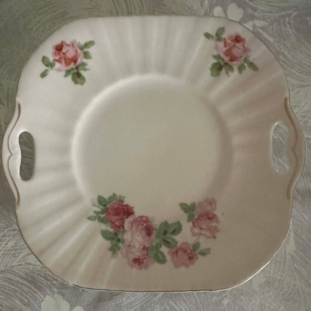 Pretty Cake Plate Made in Czechoslovakia. Pink Roses. c.1920's / 1930's*