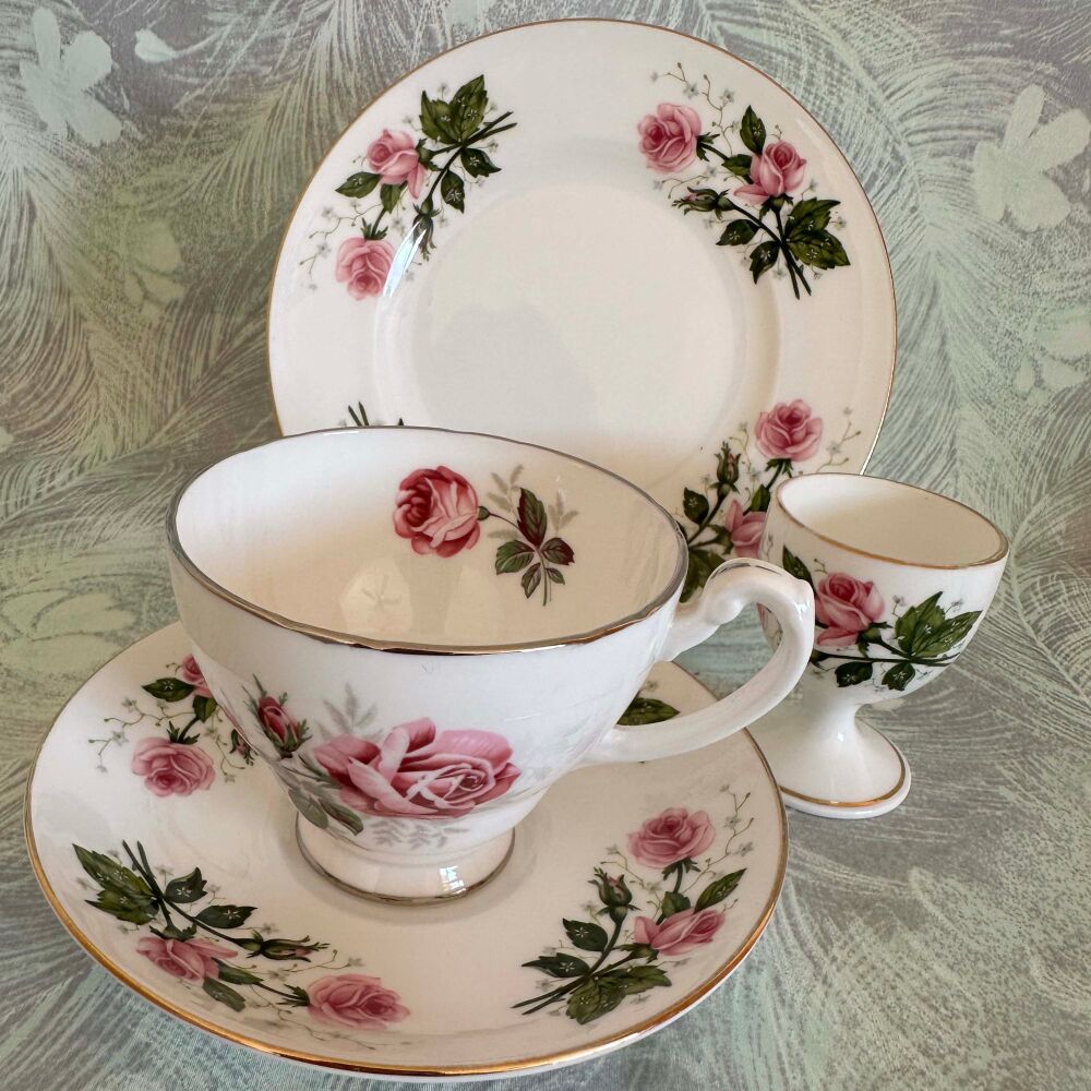Vintage Breakfast Set of Mismatched but very Similar China. Crown Staffordshire & Hammersley. Pink Roses.