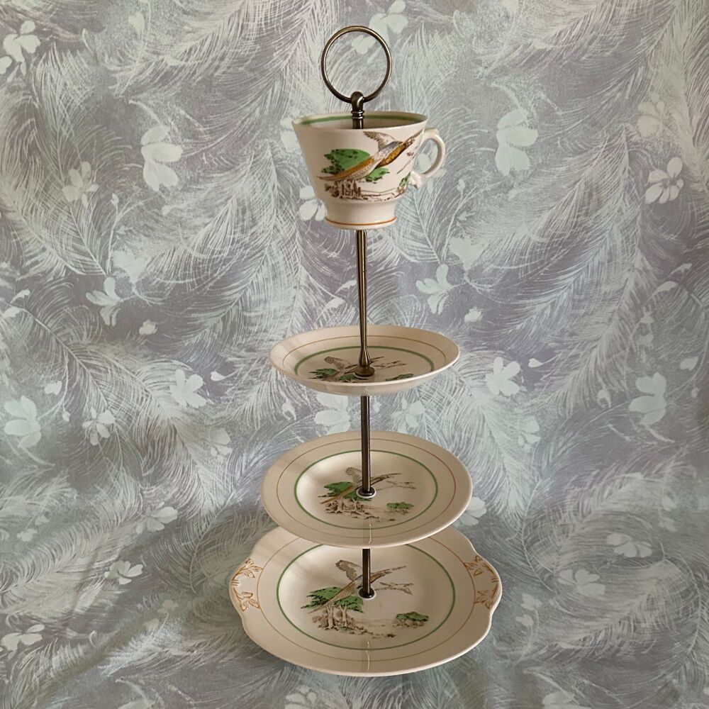 Cake Stand 3-Tier. Art Deco. Quirky. "Flying Pheasants". c.1930