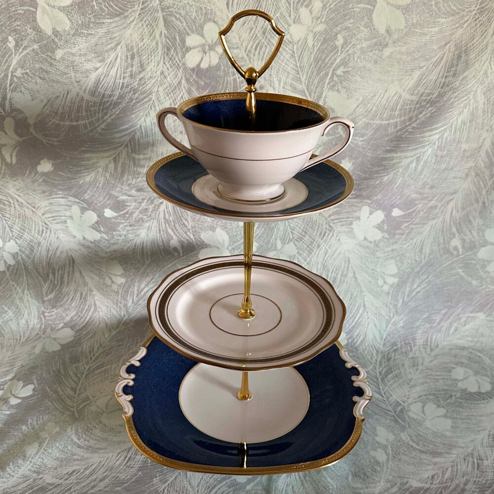 Vintage 3-Tier Semi -Mismatch Cake Stand.  Coalport Athlone Blue & Reids. Quirky