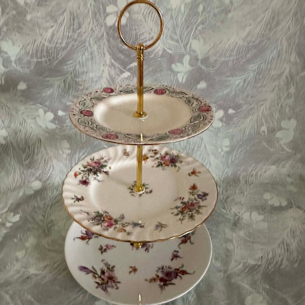Vintage Mismatch 3-Tier Cake Stand. Antique / Vintage Tiers. Royal Rudolstadt & Minton "Marlow" Pattern