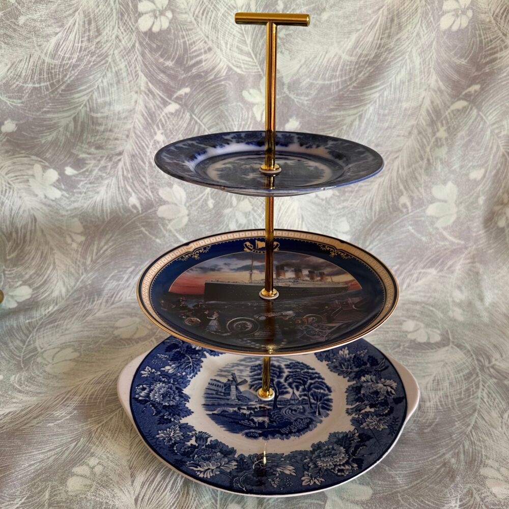 Vintage Unusual Mismatch 3-Tier Cake Stand. Striking dark blue Tiers c1900-1998