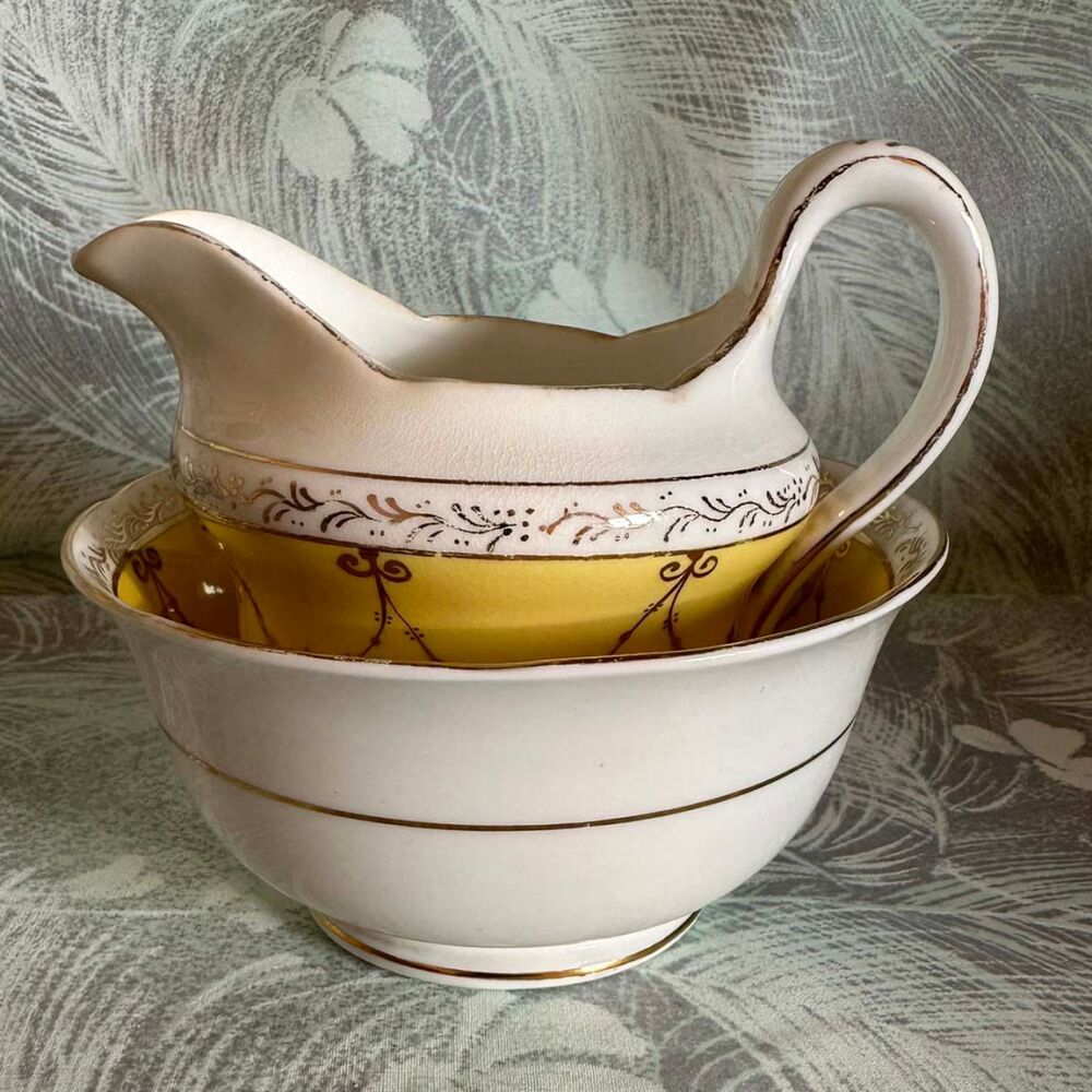Antique Milk Jug & Sugar Basin. Jackson & Gosling "Ye Old English" Yellow & Gilt. Hand Painted. c.1920*