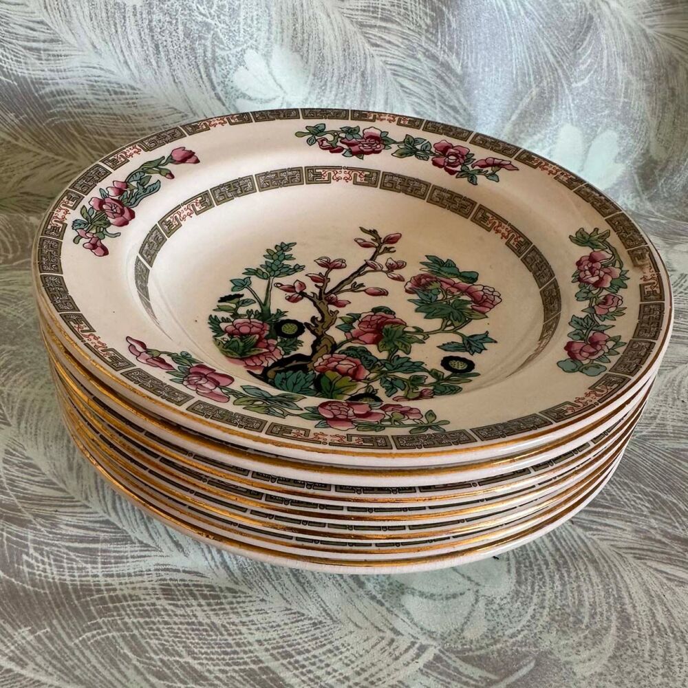 Set of 7 Vintage Sampson Bridgwood “Indian Tree” Semi-Porcelain Rimmed Soup Bowls c.1965-1984