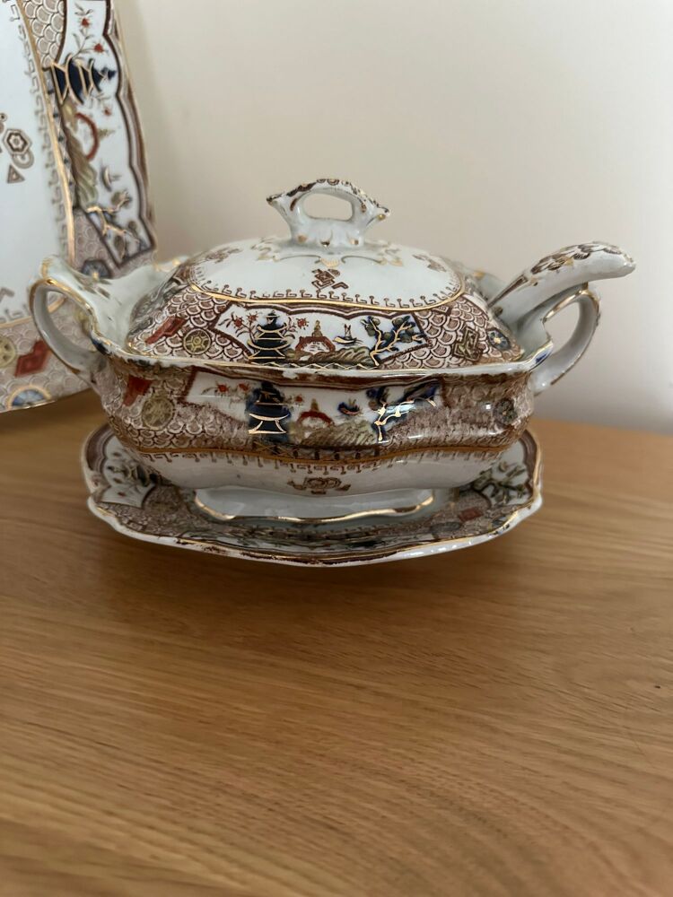 Victorian Semi Porcelain Small Lidded Serving Dish with Ladle and Under Saucer. Samuel Ford & Co "Cypress". c.1890's