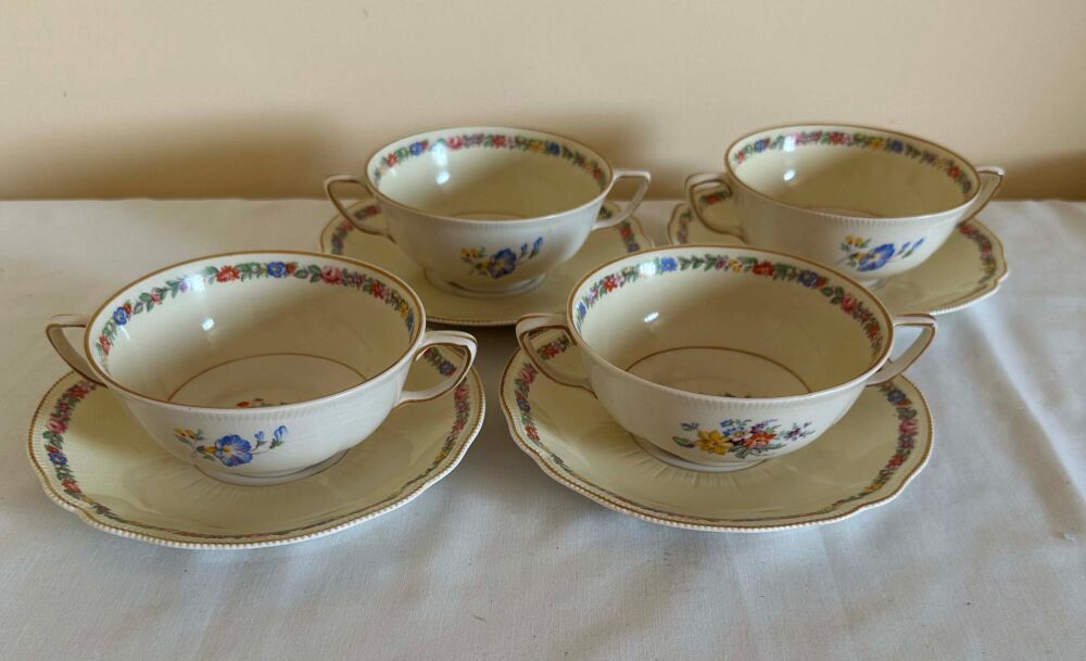 Vintage Johnson Bros Old Staffordshire Dubarry Marlow Set of 4 Soup Coupes c1930's. 2 Sets available