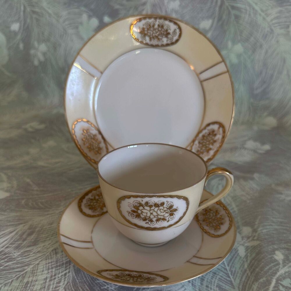 Vintage Noritake Trio. Creamy Yellow Banding with Gilded Motifs c.1949*