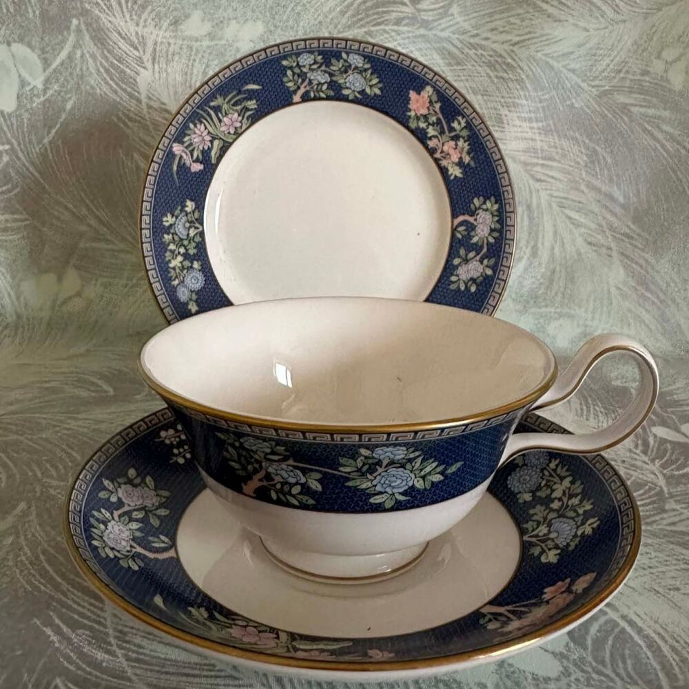 RARE Vintage Wedgwood Bone China "Blue Siam" Peony Shape Cup, Saucer & Plate Trio c.1985-1989